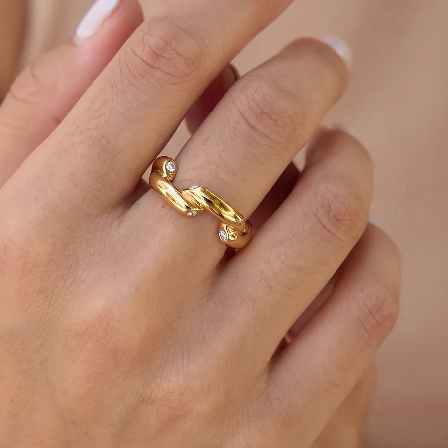 Authentic Twist Bypass Ring for Women Double CZ Stone Gold Color Waterproof Hypoallergenic Minimalist Jewelry