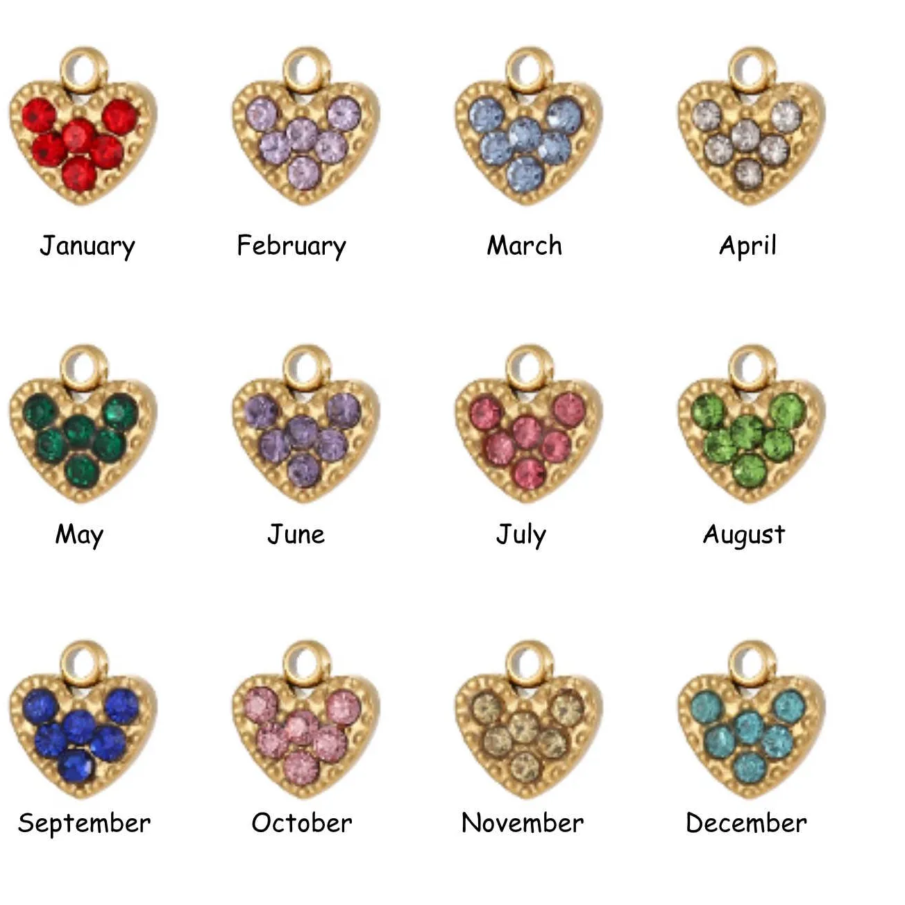 Authentic 3Pcs Gold Plated Colorful Rhinestone Heart Birthstone Charms, Pendants For Diy Necklace Crafting