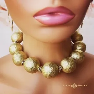 Authentic Aimee Fuller Tribal Texture Bead Statement Necklace 22K Gold Plated Toggle