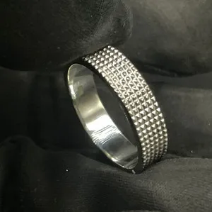 Authentic Men's Solid Metal 925 Silver Knurling Texture Band Ring in 14k White Gold Plated