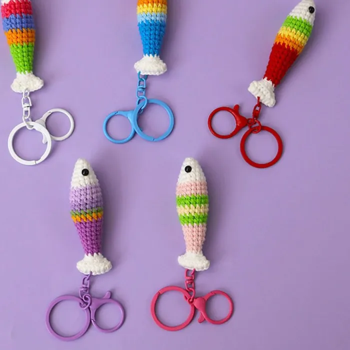 Authentic Handmake Knitted Rainbow Fish Keyrings Cute Rainbow Fish Pendant Crochet Keychain Small Fish Keychain Custom Packaging