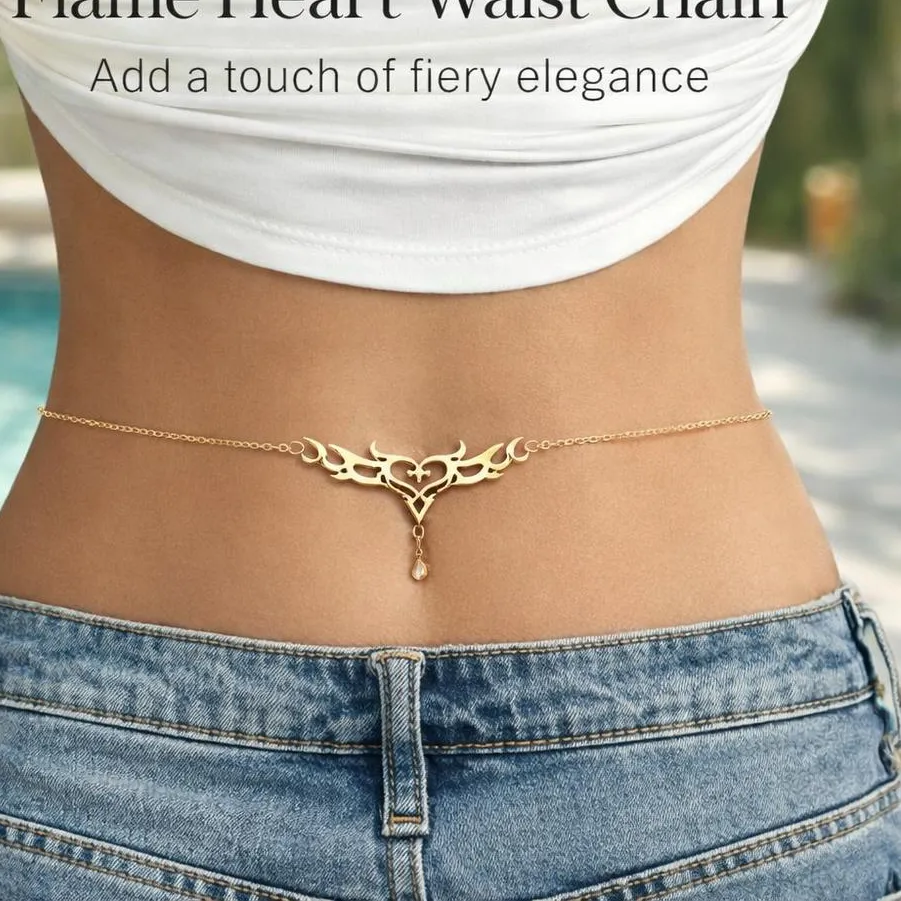 Authentic Gothic Heart Flame Waist Chain Y2K Aesthetic Body Jewelry For Women Adjustable Silver Tone Belly Chain For Festival Rave Outfit