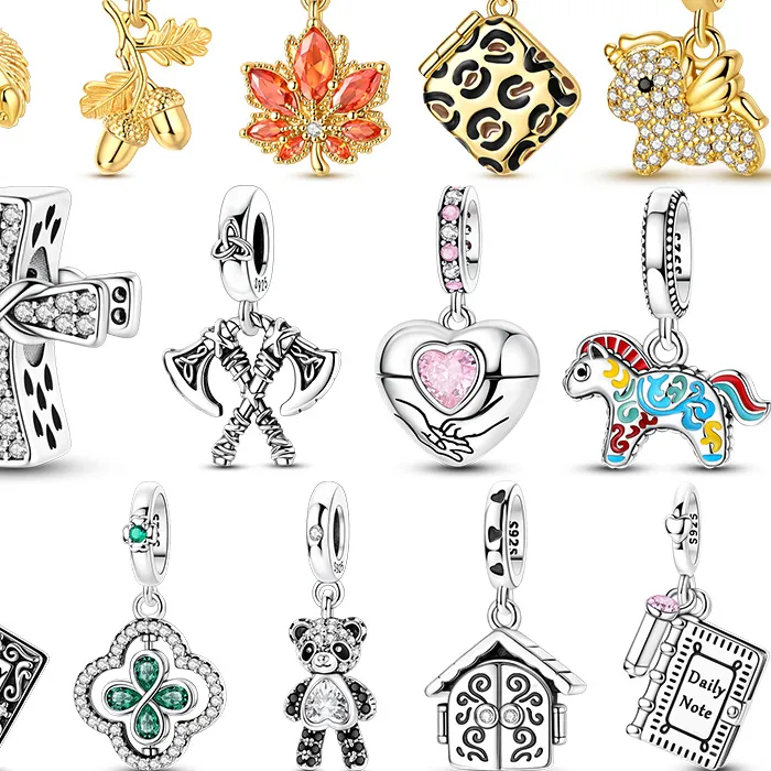 Authentic 925 Sterling Silver Oak Fruit Leopard Shining Panda Flip Clover Charm Pendant Fit Original Bracelet DIY Women Jewelry Gifts