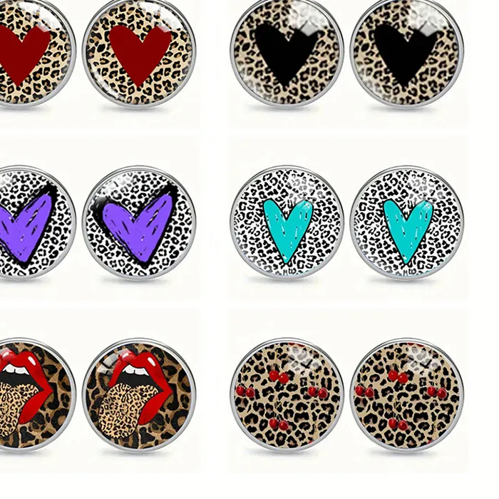 Authentic Vintage Heart Leopard Print Glass Earrings Round Lip Stud Earrings For Women Jewelry