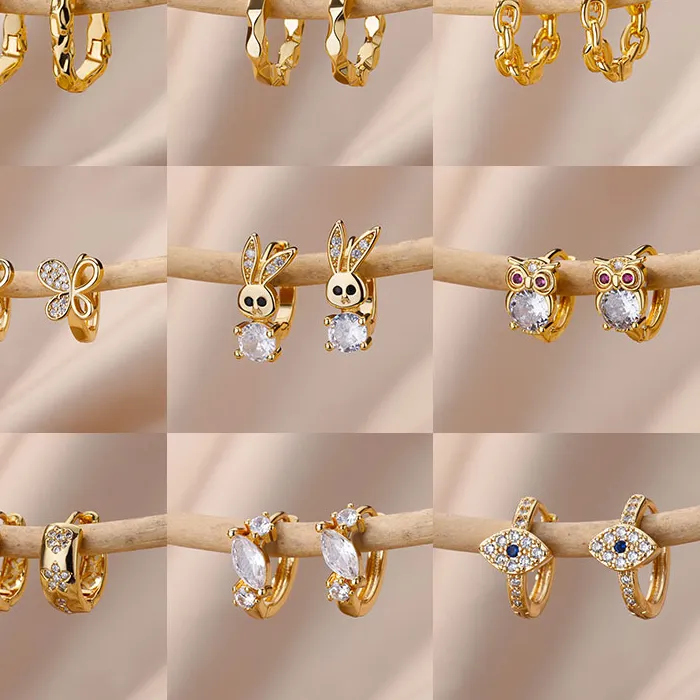 Authentic Rabbit Crystal Hoop Earrings For Women Zircon Leopard Head Owl Elephant Butterfly Earring Animal Jewelry Wedding