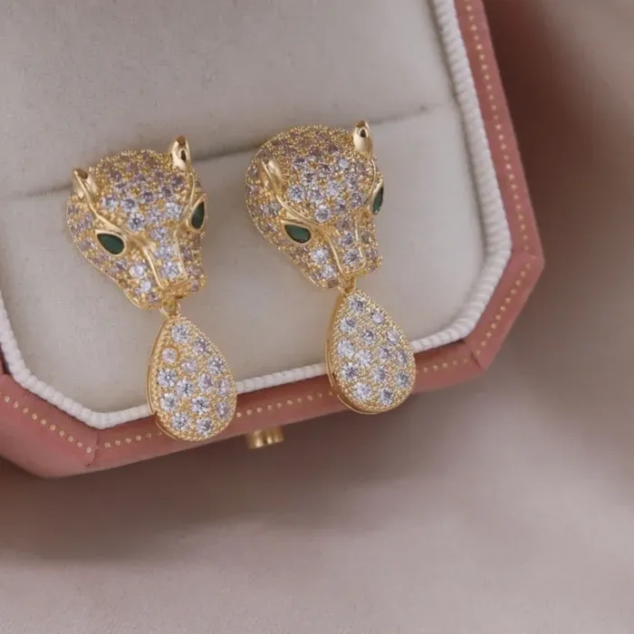 Authentic Korean jewelry 14K gold plated luxury zircon animal leopard drop earrings elegant women's wedding party accessories