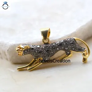 Authentic Sale! Natural Black Diamond Leopard Pendant 925 Silver Gold Plated Panther Charm