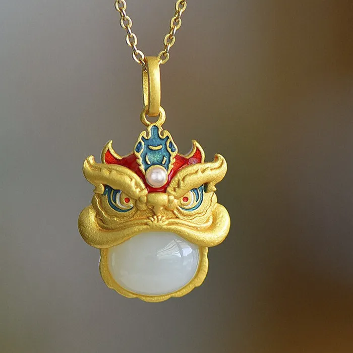 Authentic Guardian Lion Jade Pendant Necklace In 18K Gold Plated Finish