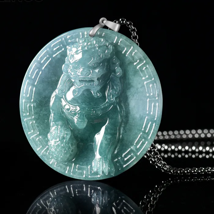 Authentic Natural Jadeite Blue Water Lion Pendant S925 Silver Setting High-Grade Exquisite Ice-Type Jadeite Necklace Holiday