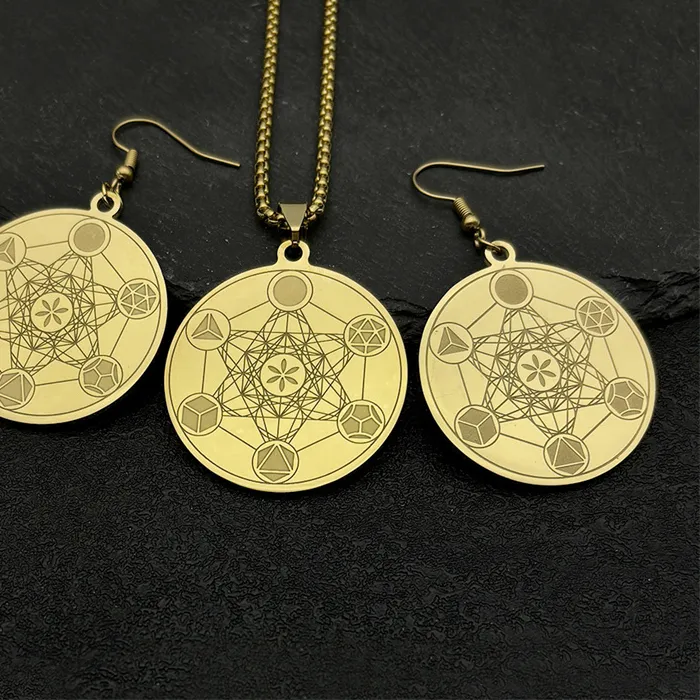 Authentic Metatron Archangel Angel Seal Necklace Earrings Women Men Sacred Geometry Medal Solomon Gold Color Jewelry Set