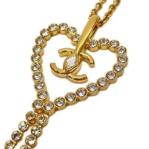 Authentic CHANEL Necklace Coco Mark Heart Gold Plated Rhinestone L23C Women's Accessory