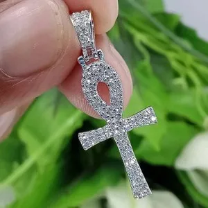 Authentic 1.70Ct Round Moissanite Ankh-Cross Pendant 14k White Gold Plated 18'' Free Chain