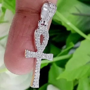Authentic 1.60Ct Round Lab Created Diamond Ankh-Cross Shape Pendant 14k White Gold Plated