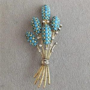 Authentic Turquoise and Diamond Clusters Brooch Pin in 18K Yellow Gold Plated 2.55" L