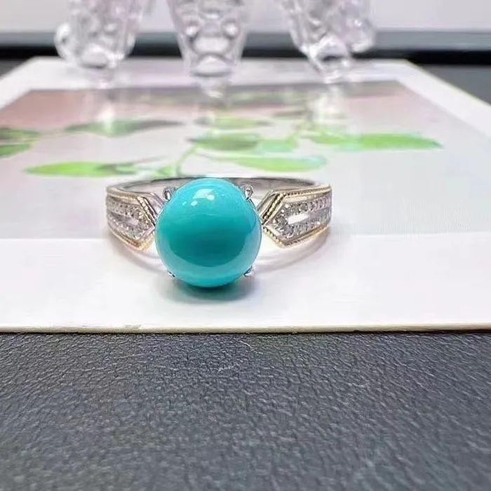 Authentic Round beads turquoise rings for women Couple style vintage and exquisite silver 925 inlay diamonds blue ring engagement jewelry