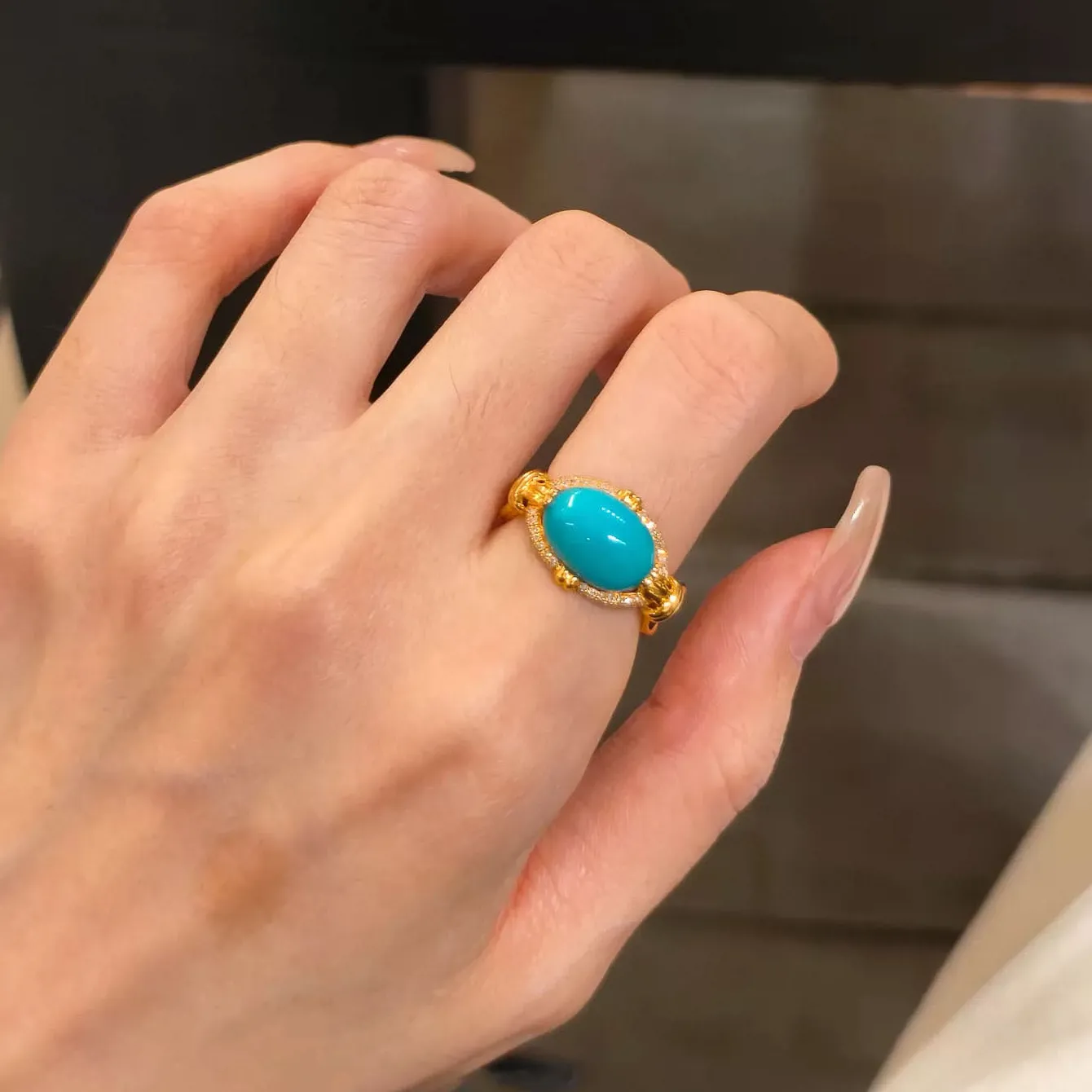 Authentic Vintage diamond inlay oval turquoise rings for women layered style blue ring exquisite high-end banquet jewelry gifts