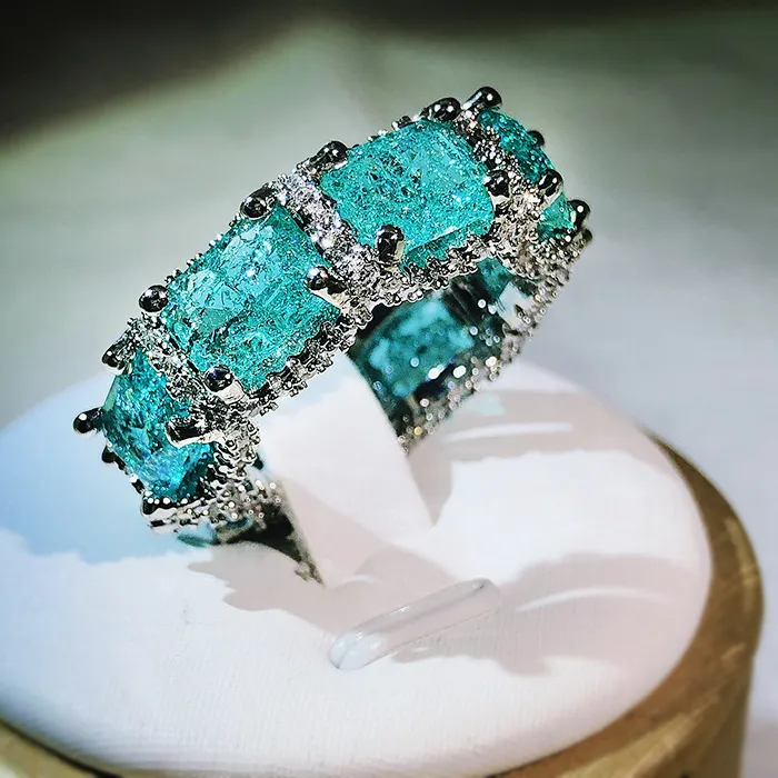 Authentic 925 Stamp High- Definition Paraiba Zircon Jewelry Heavy Industry Inlaid Aquamarine Topaz Ring Birthday