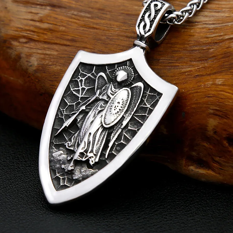 Authentic Vintage Cracked Celtic Knot Bail Archangel Michael Shield Pendant Necklace Religious Holiday Jewelry