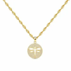 Authentic 18K Gold Plated Dragonfly Pendant Necklace CZ Pave Rope Chain 17.5” 3mm Box