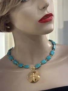 Authentic Turquoise Necklace With Gold Plated Cross medallion / Pendants handmade in USA
