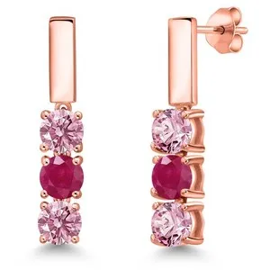 Authentic 1.55 Ct Pink Lab Grown Diamond Red Ruby 18K Rose Gold Plated Silver Earrings