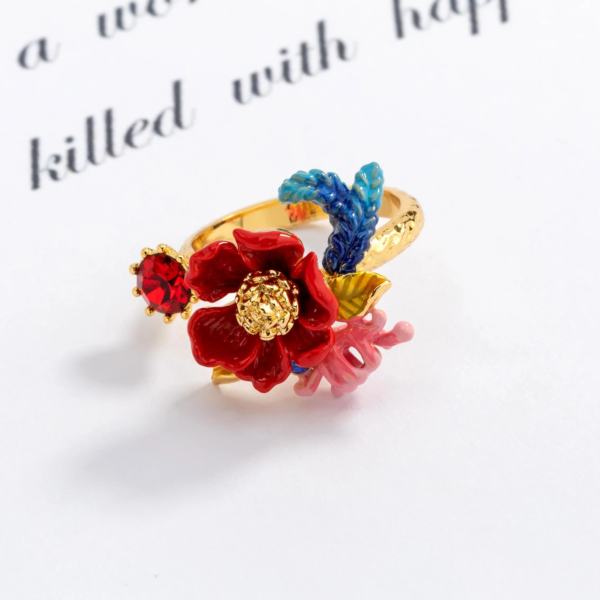 Authentic Juicy Grape Vintage Romantic Red Kapok Flower Enamel Ring Gold Plated 3D Floral Crystal Jewelry for Women 2026