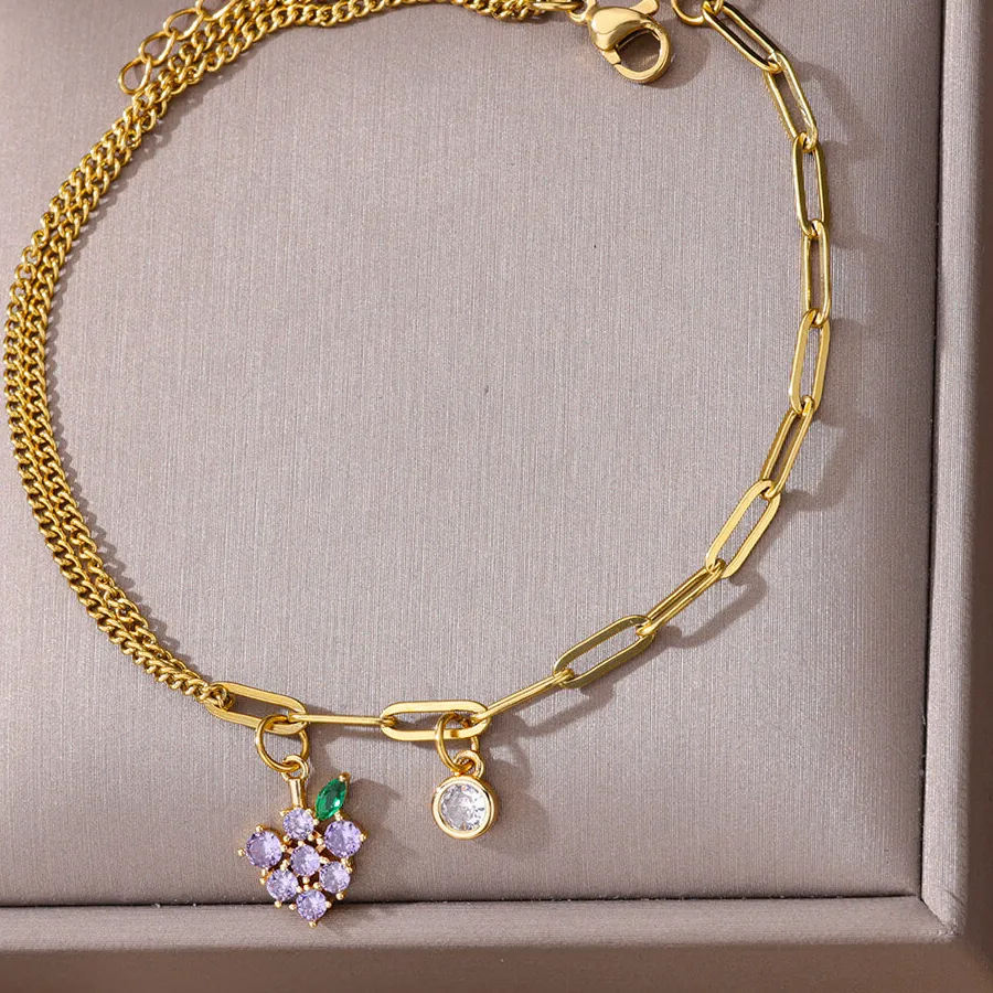 Authentic Zircon Grape Pendant Anklets For Women Gold Color Fruit Anklet Summer Beach Jewelry Accessories bijoux femme