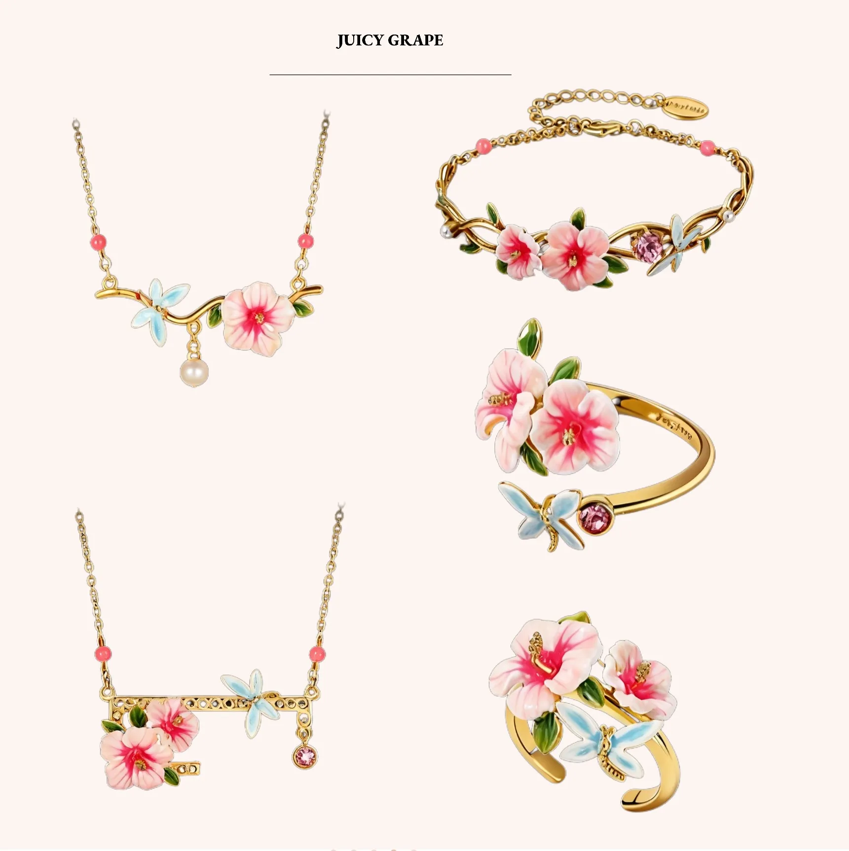 Authentic Hibiscus Enamel Jewelry Set Gold-Plated Edition Necklace Ring Bracelet Exquisite Fine Jewelry Enamel