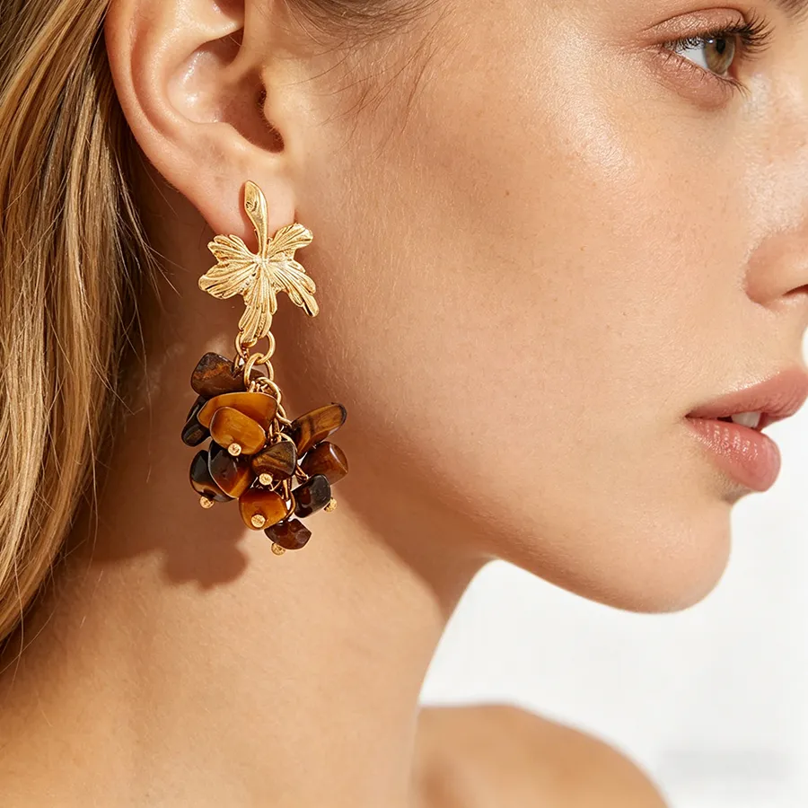 Authentic Vintage Gold Plated Leaf Dangle Earrings Bohemian Irregular Stone Grape Cluster Big Ear Stud Aesthetic Ethnic Jewelry Party