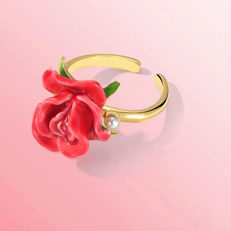 Authentic Red Rose Ring Women's Adjustable Enamel Floral Ring 18K Gold-Plated Wedding Party Fine Jewelry for Loved Ones Rose Ring