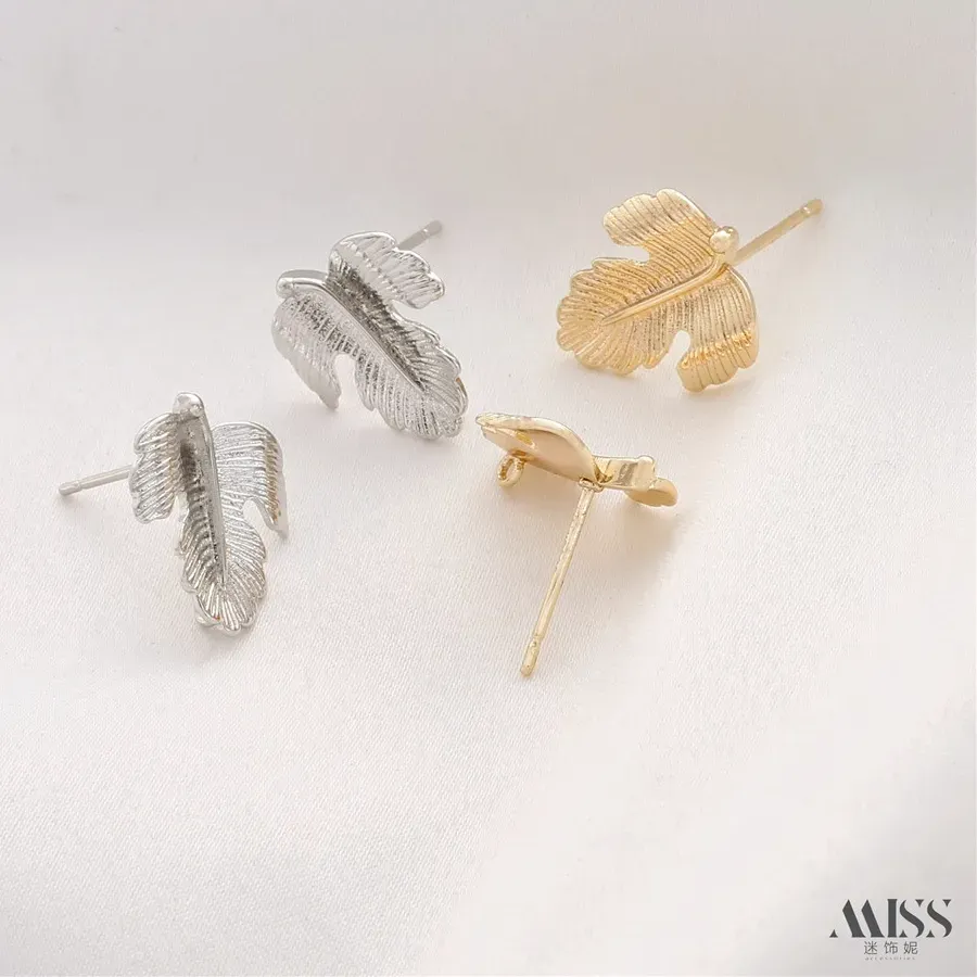 Authentic 14K Gold-wrapped Welded 925 Silver Needle Grape Leaf Tree Leaf with Hanging Ring Earrings DIY Earrings Ear Jewelry Accessories