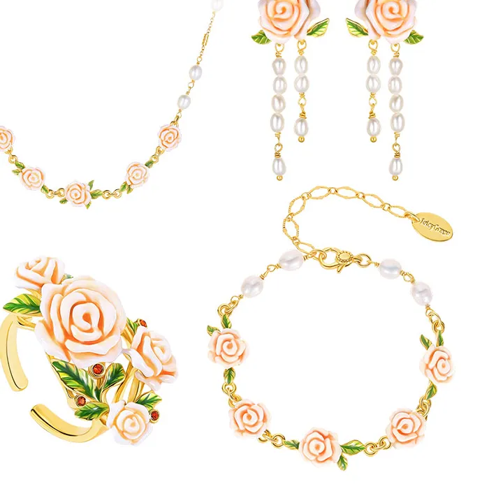 Authentic Elegant Enamel Rose Pearl Jewelry Set for Women Adjustable Ring Earrings Bracelet Necklace Fashionable Accessory