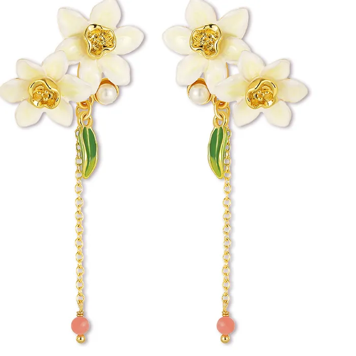 Authentic Juicy Grape Daffodil Tassels Earrings for Women Handmake Enamel Flower Asymmetrical Earrings Birthday Party Jewelry
