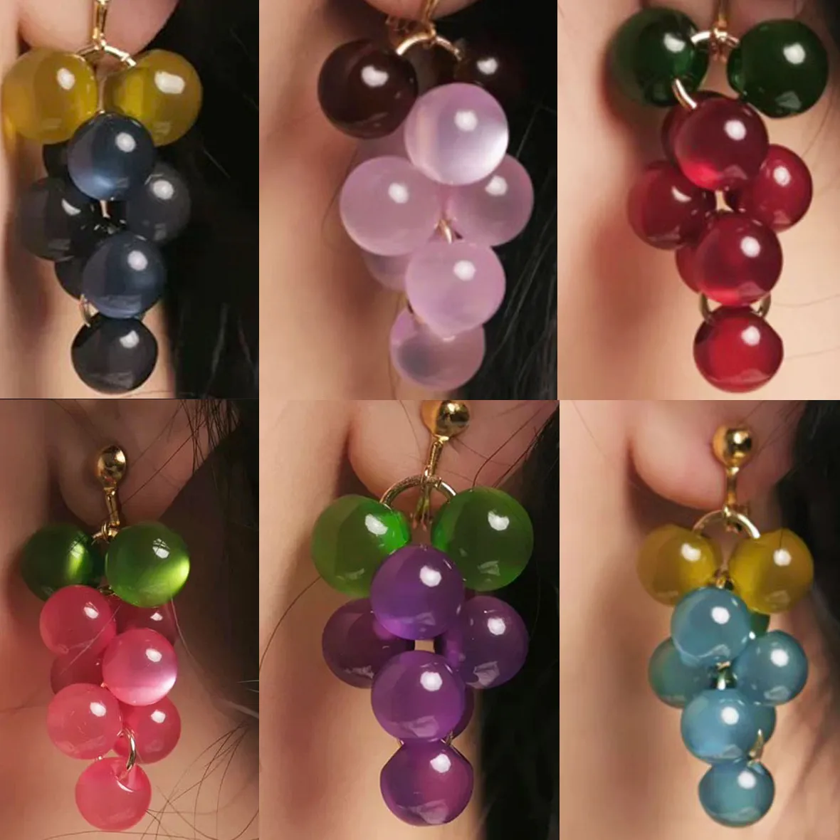 Authentic Jewelry & Accessories Sweet And Romantic Style Cute Colored Cat's Eye Stone Grape-Shaped Earrings For Women's Party & Gifts