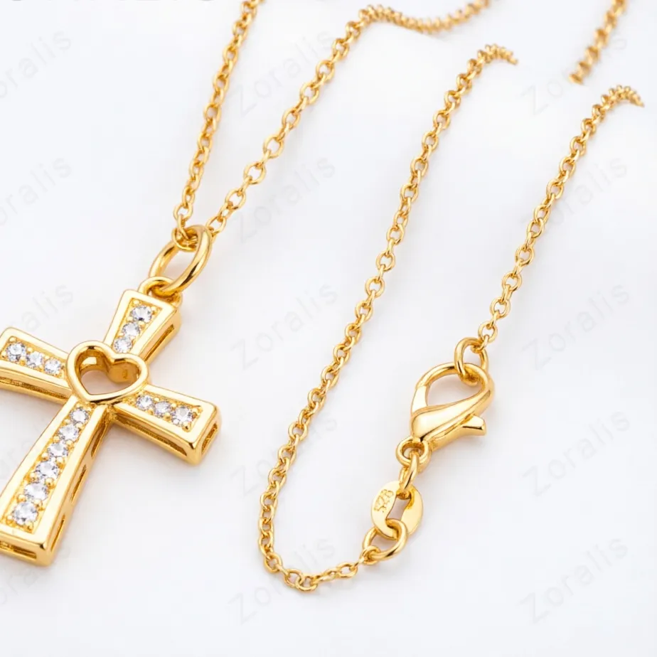 Authentic 18K Gold Hollow Heart Cross Zircon Crystal Pendant Necklace For Women necklaces Jewelry Birthday