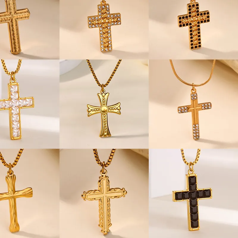 Authentic Cross Pendant Necklaces for Women Luxury Zircon Gold Color Choker Chain Necklace Vintage Punk Jewelry Gifts