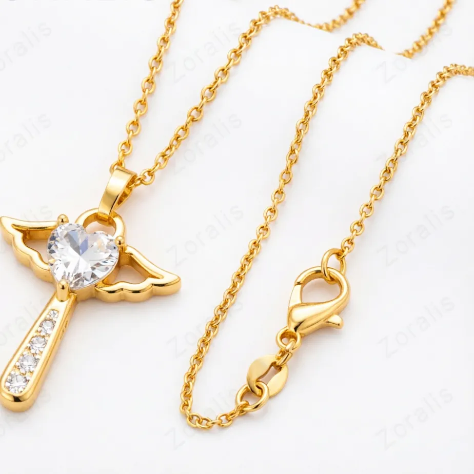 Authentic 18K Gold Heart Zircon Crystal Cross Pendant Necklace For Women necklaces Party Wedding Jewelry