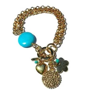 Authentic Gold Plated 24k Chains Bracelet T Bar w Drop Turquoise Heart flower Charms