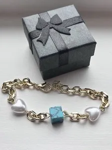 Authentic Gold Plated Chain Bracelet Turquoise Cube Faux Pearl Heart Charms Adjustable
