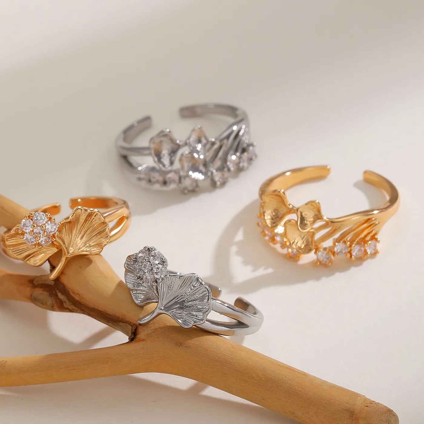 Authentic LATS French-style Light Luxury Zircon Ginkgo Leaf Open Ring for Women Girl Personalized Design Rings Jewelry