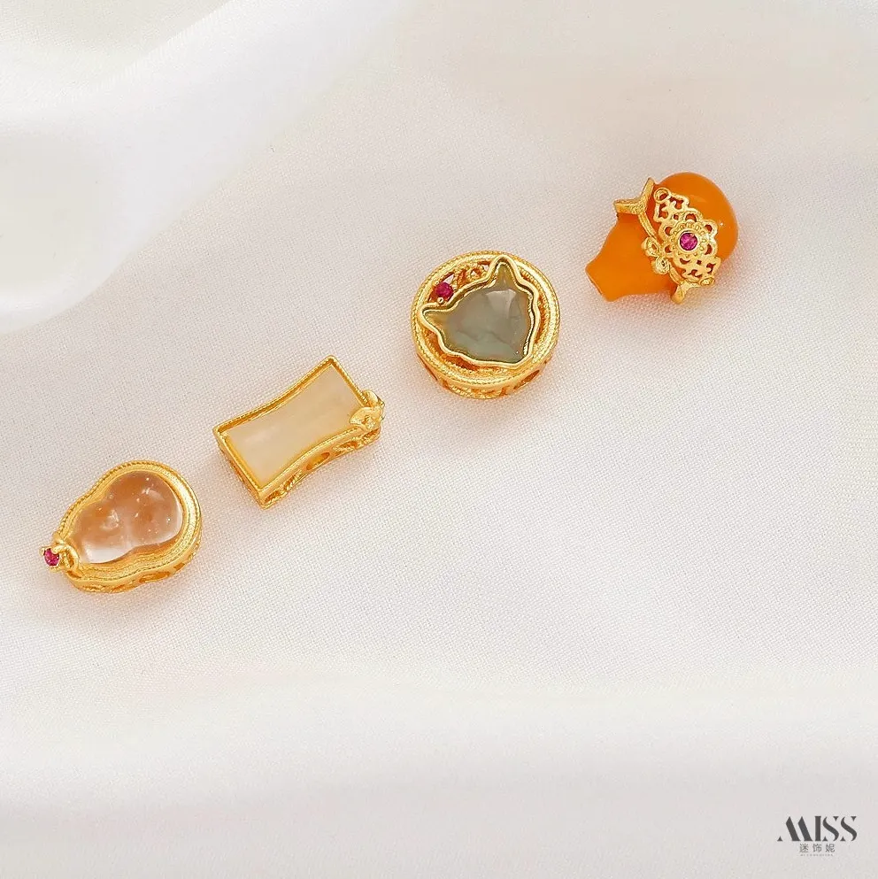 Authentic 24K Gold Plated, Natural Crystal Amber Hetian Jade, Gourd Bamboo Fox Spacer Beads, DIY Handmade Jewelry Accessories