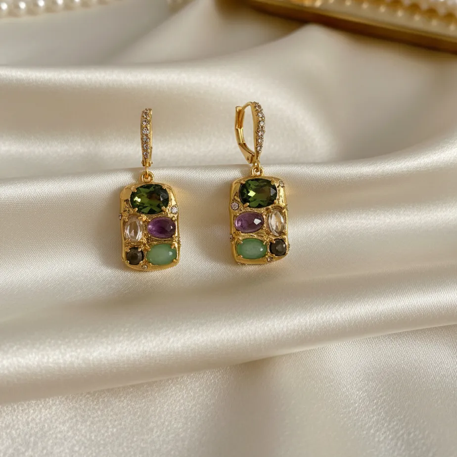 Authentic Luxury Original Quality Mark AB 18K Gold Filled Semi-precious Gemstones Ear Buckle Alexis Square Drop Dangle Earrings Jewellery