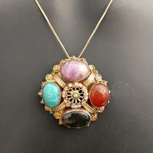 Authentic VTG Early Israeli Pendant Brooch Necklace Gold Plated Sterling 935 Ethnic Boho
