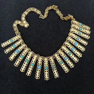 Authentic Vintage Egyptian Revival Necklace Israel Blue Chandelier Gold Plated Ethnic VTG