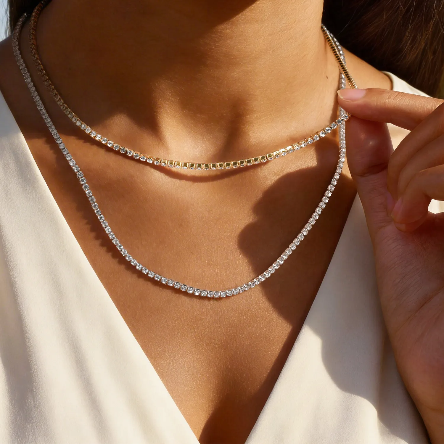 Authentic Crystal Tennis Chain Choker Necklace, Delicate Cubic Zirconia, Niche Jewelry Girls
