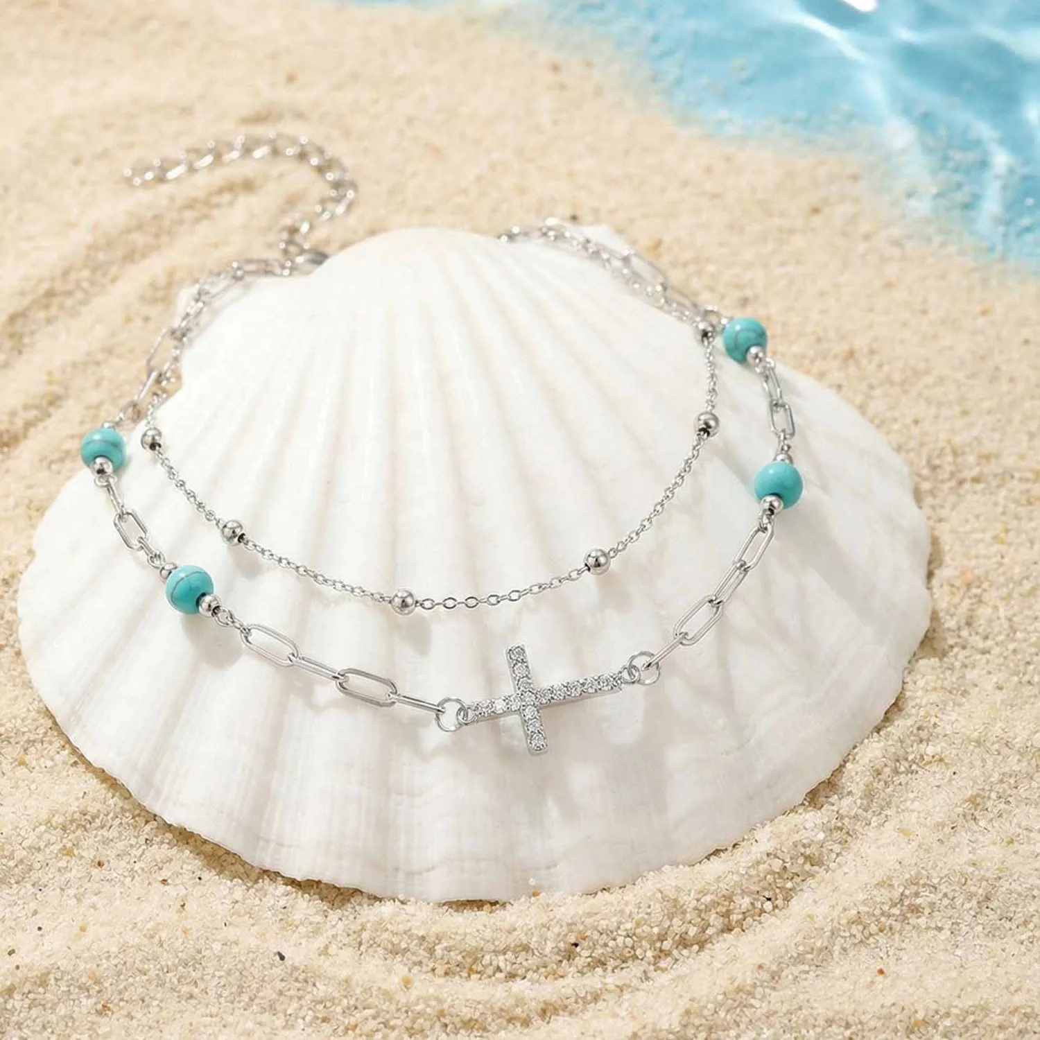 Authentic Anklet Summer Beach Leg Chain 18K Double Layer Foot Chain Blue Turquoise Zircon Cross Pendant Anklet Leg Chain