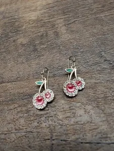 Authentic Cute Red Cherry Dangle Earrings Gold Plated Fruit Charm Drop Hook ...