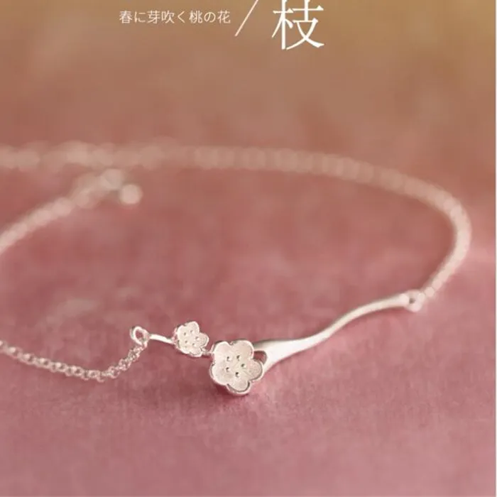 Authentic Peach Branch Cute Literary Fresh Flowers 925 Sterling Silver Jewelry Cherry Blossom Women Bracelets SL085