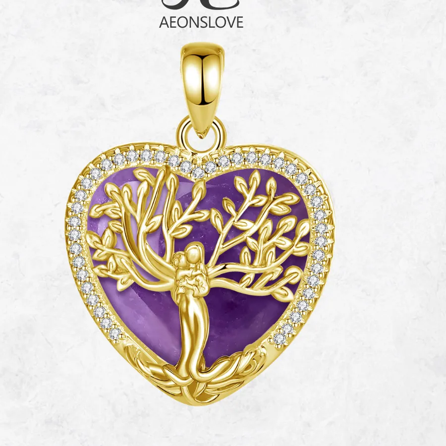 Authentic AEONSLOVE Heart Tree of Life Amethyst Necklace 18K Gold Plated Family Tree Pendant Spiritual Jewelry Birthday for Women Mom