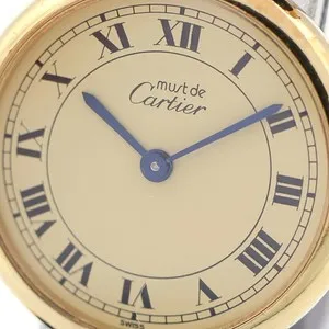 Authentic CARTIER Vendome 1980's Quartz Wristwatch Beige Dial Gold Plated Silver 925 Auth